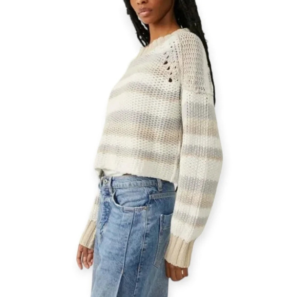 Free People Devon Open Knit Crewneck Cropped Sweater Neutral Stripes Medium - Picture 5 of 14